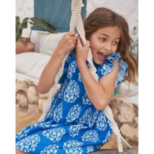 Mini Boden 9 10 Y Blue Floral Aline Cotton Sleeveless Ruffles Pockets